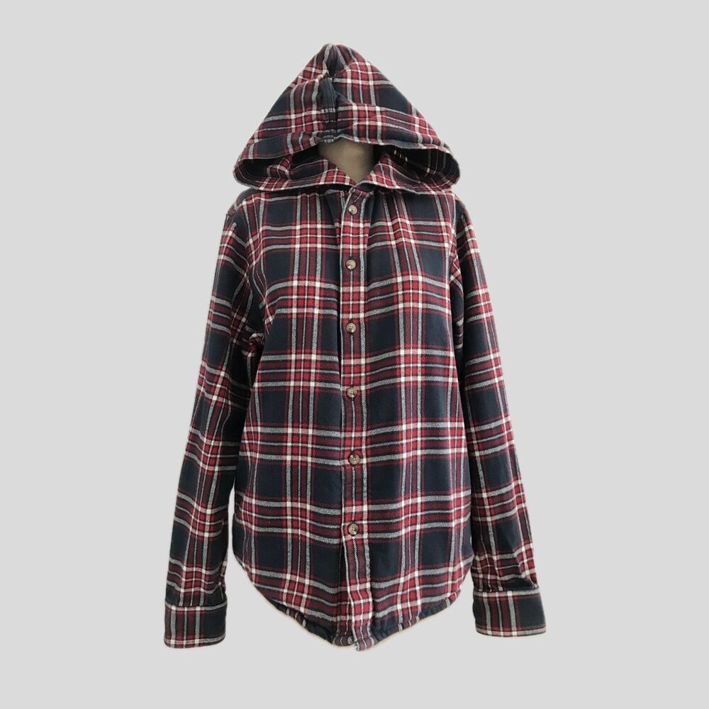 Aritzia TNA Red Blue Plaid Hooded Flannel Shirt Jacket Womens Small Shacket 90s